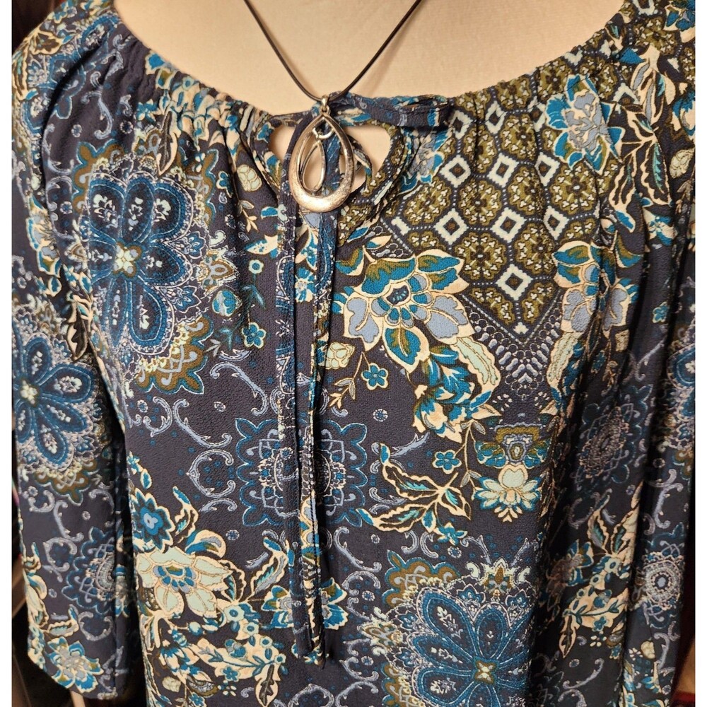 New Directions Top Women Sz L Ruffled Bell Sleeve Peasant Boho Blouse Pullover